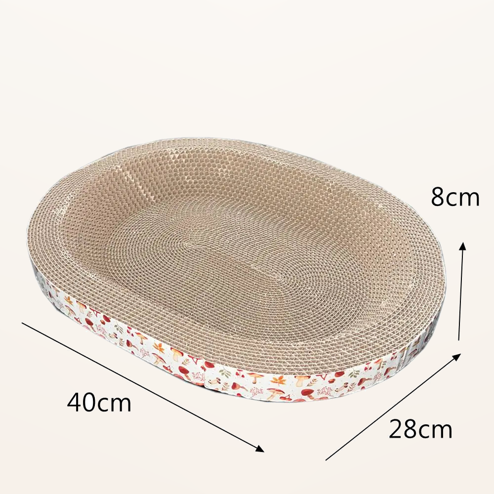 Neko Maru – Griffoir-lit en carton ondulé – Champignon blanc – fond beige avec dimensions