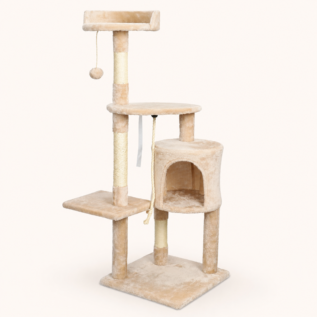Neko Hoshi – Arbre à chat multi-niveaux avec perchoirs – Modèle C – fond beige avec dimensions