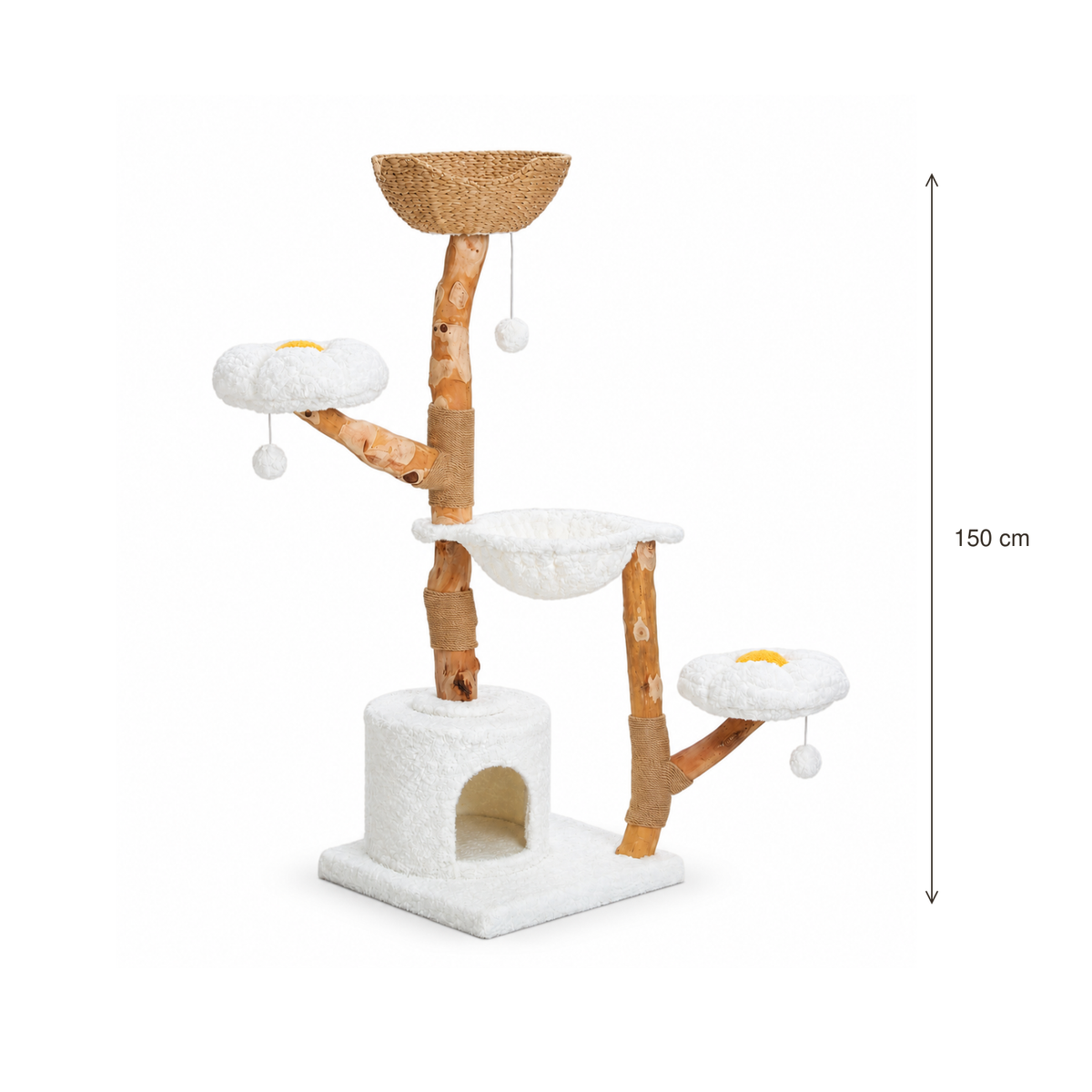 Neko Hana – Arbre à chat avec panier tressé – Modèle A blanc – 150 cm — dimensions