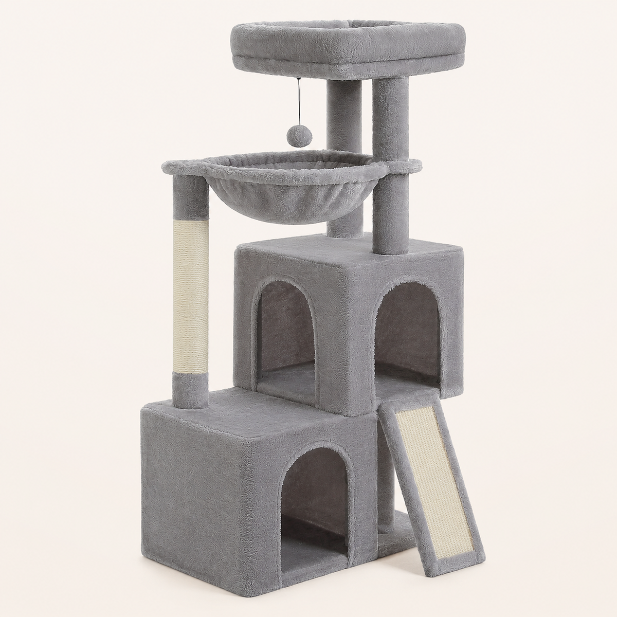 Neko Kazoku – Grand arbre à chat avec deux niches – Gris – produit seul sur fond beige