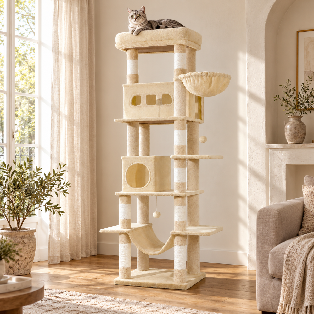 Arbre à chat Oki beige avec un chat au repos dans un salon lumineux