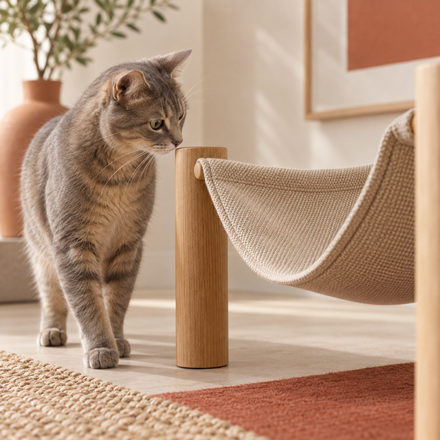 Chat observant un hamac textile suspendu entre deux supports en bois
