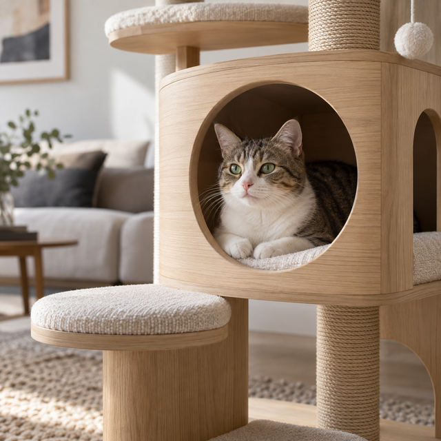 Chat installé dans une niche spacieuse avec un accès dégagé