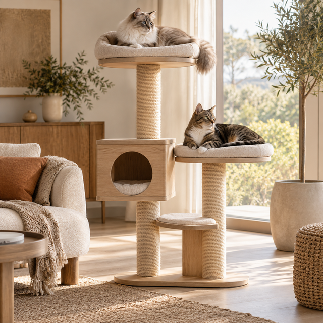 Deux chats reposant sur des plateformes séparées