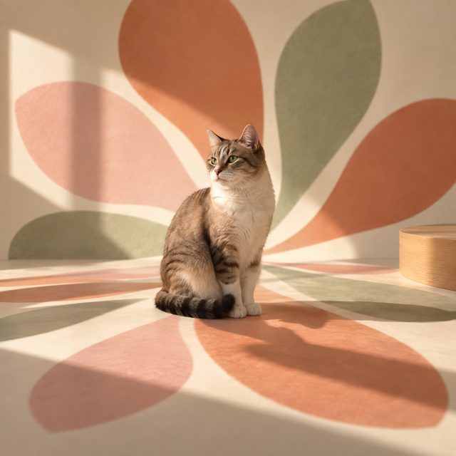Chat assis dans une composition lumineuse aux formes de pétales terracotta et sauge