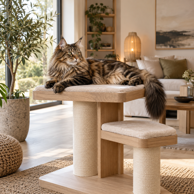 Maine Coon installé sur une plateforme large et accessible
