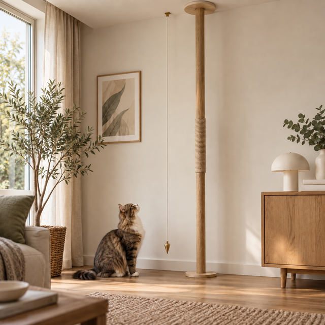 Chat observant un fil à plomb près d’une structure verticale en bois
