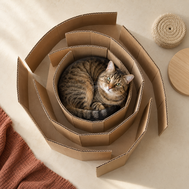 Chat lové au centre d’une spirale de carton ondulé
