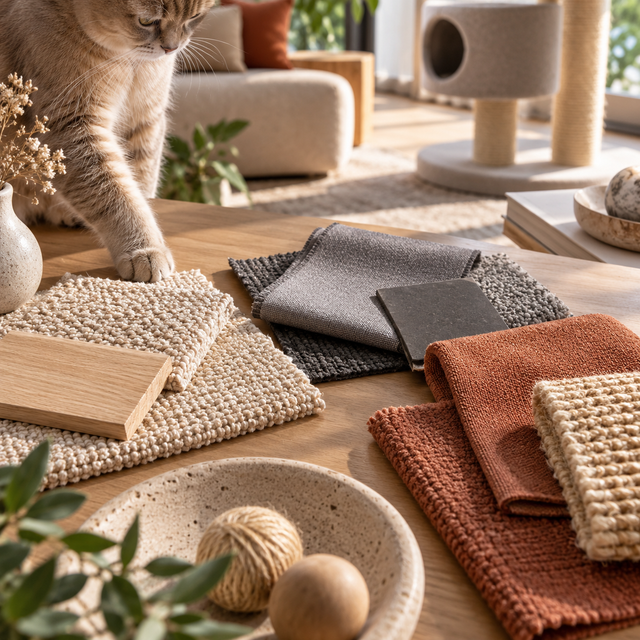 Nuancier beige, gris et terracotta observé par un chat dans un salon