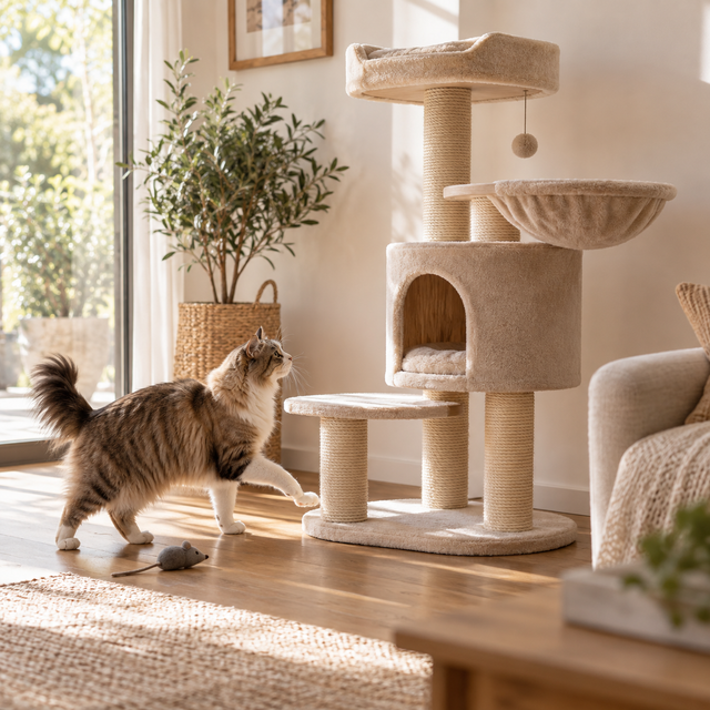 Chat découvrant volontairement le premier niveau d’un nouvel arbre