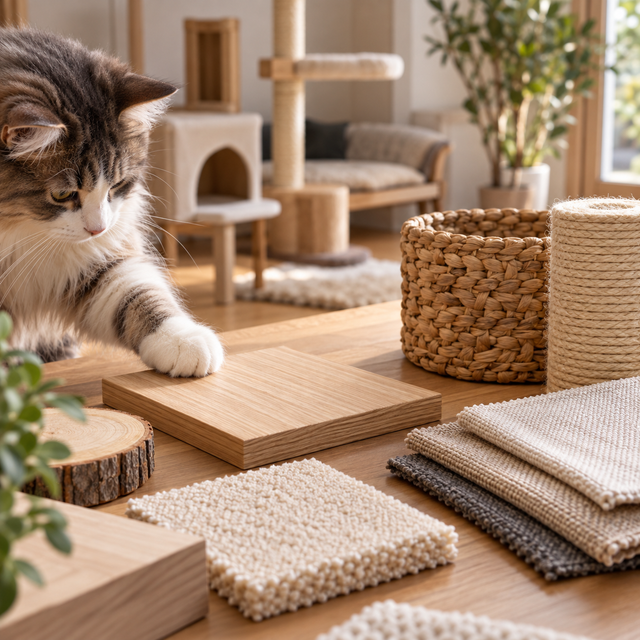 Échantillons de bois, sisal, textile et fibres tressées pour mobilier félin