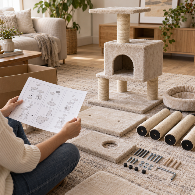 Pièces d’un arbre à chat organisées avant l’assemblage