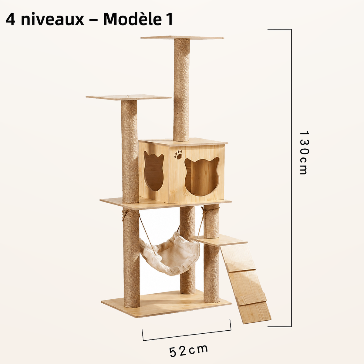 Neko Ki – Arbre à chat en bois 4 à 6 niveaux – 4 niveaux – Modèle 1 – fond beige avec dimensions