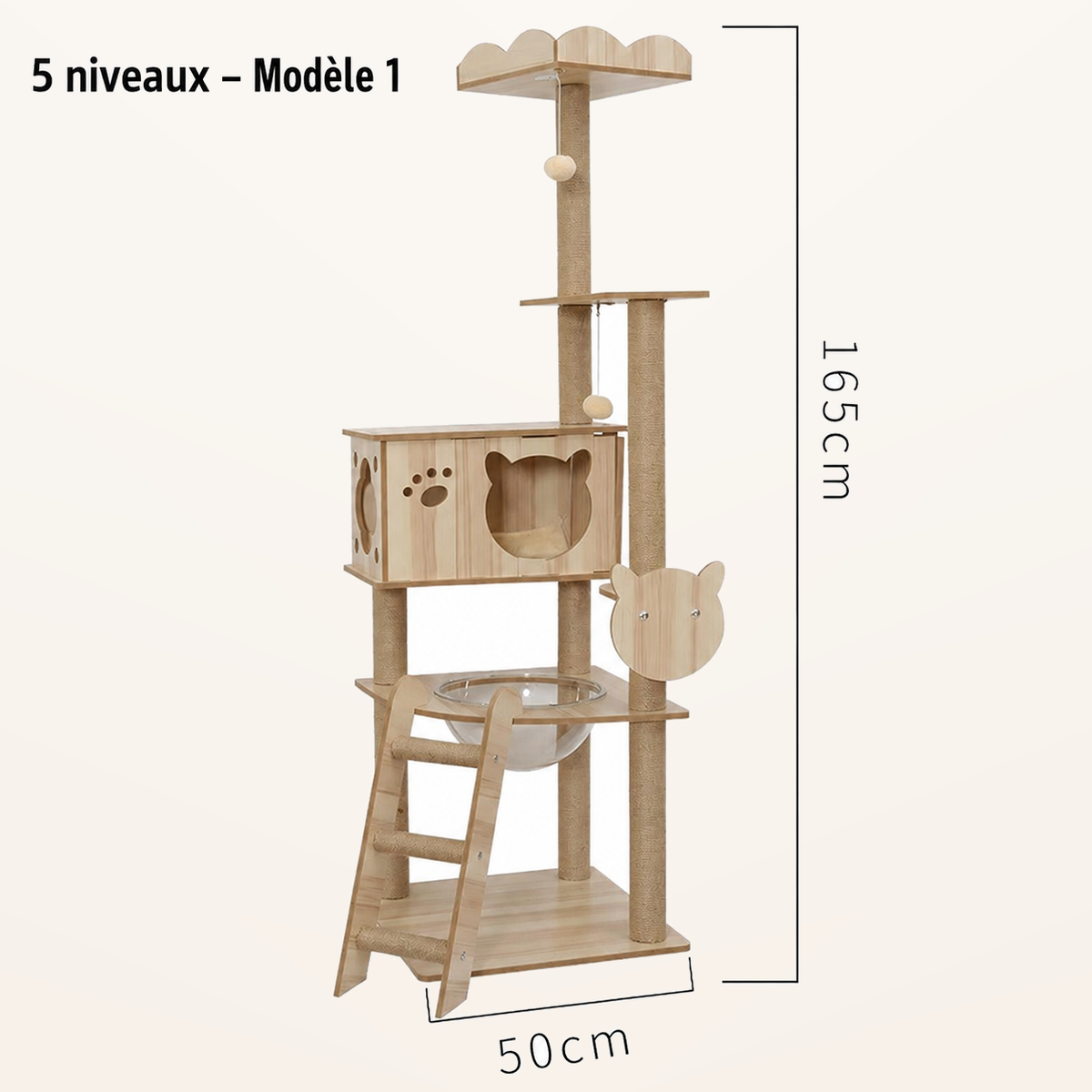 Neko Ki – Arbre à chat en bois 4 à 6 niveaux – 5 niveaux – Modèle 1 – fond beige avec dimensions
