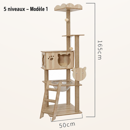 Neko Ki – Arbre à chat en bois 4 à 6 niveaux – 5 niveaux – Modèle 1 – fond beige avec dimensions