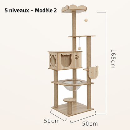 Neko Ki – Arbre à chat en bois 4 à 6 niveaux – 5 niveaux – Modèle 2 – fond beige avec dimensions