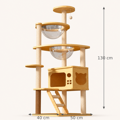 Neko Ki – Arbre à chat en bois 4 à 6 niveaux – 5 niveaux – Modèle 3 – fond beige avec dimensions
