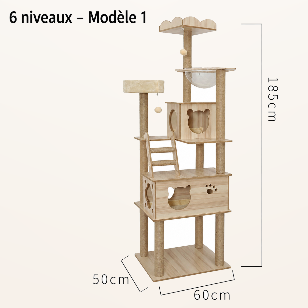 Neko Ki – Arbre à chat en bois 4 à 6 niveaux – 6 niveaux – Modèle 1 – fond beige avec dimensions