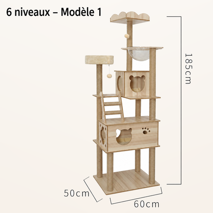 Neko Ki – Arbre à chat en bois 4 à 6 niveaux – 6 niveaux – Modèle 1 – fond beige avec dimensions