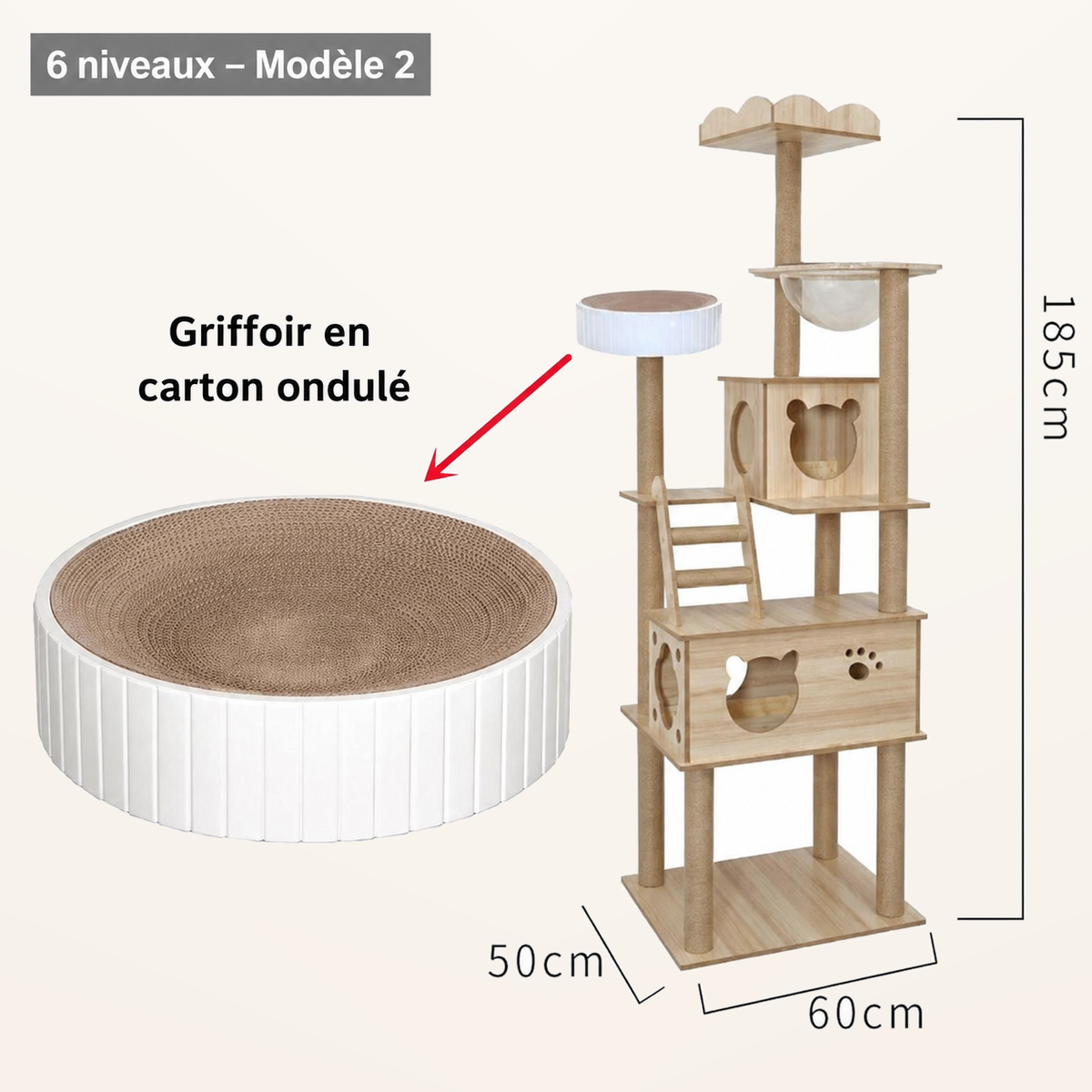 Dimensions – Neko Ki – Arbre à chat en bois 6 niveaux – Modèle 2 – 185 cm