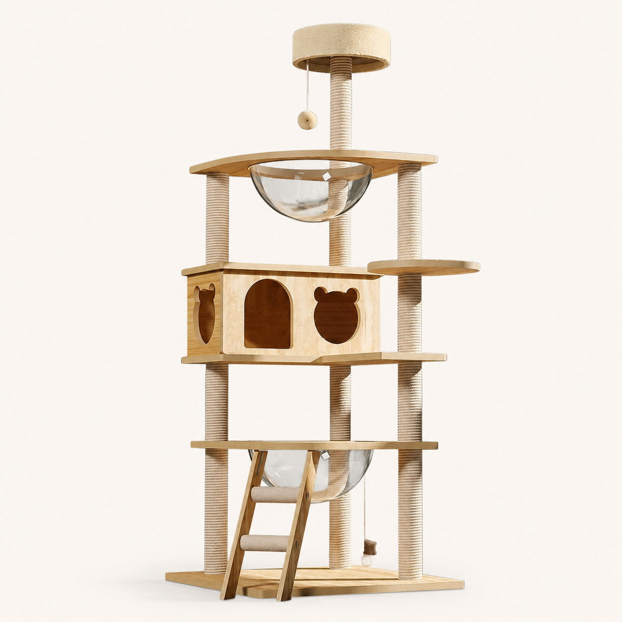 Neko Ki – Arbre à chat en bois 4 à 6 niveaux – 6 niveaux – Modèle 3 – fond beige avec dimensions