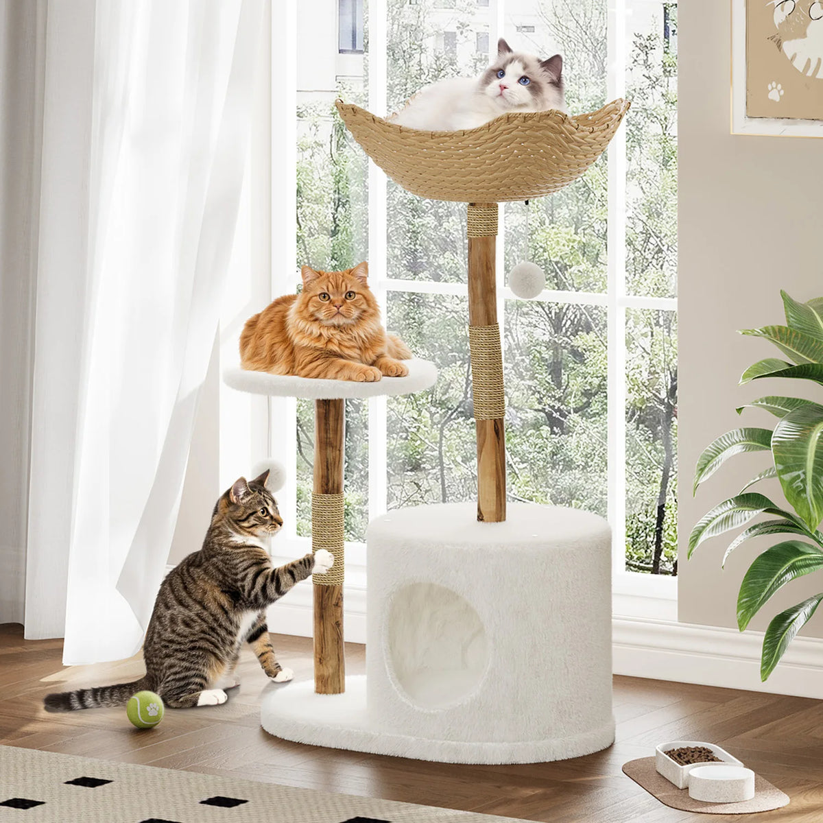 Neko Kago – Arbre à chat en bois et rotin 117 cm – vue produit 3