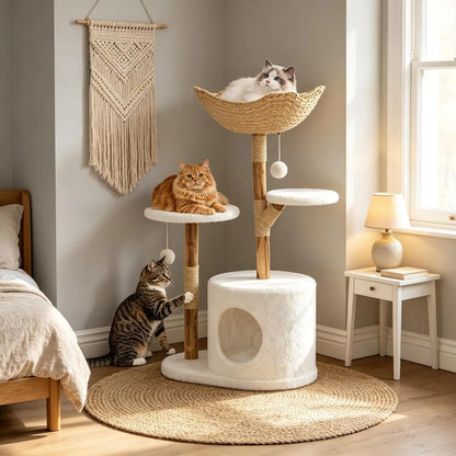 Neko Kago – Arbre à chat en bois et rotin 117 cm – vue produit 5