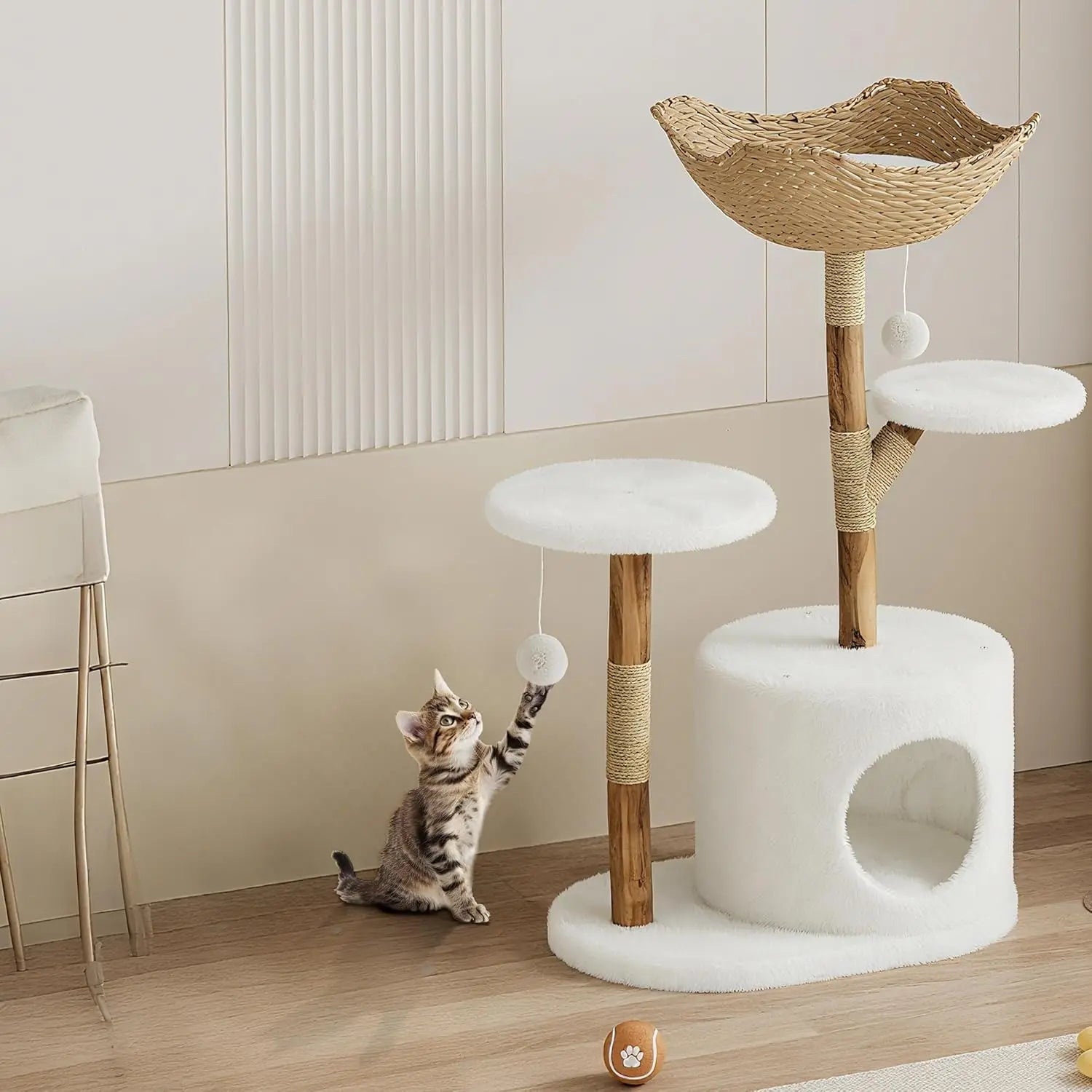 Neko Kago – Arbre à chat en bois et rotin 117 cm – vue produit 6