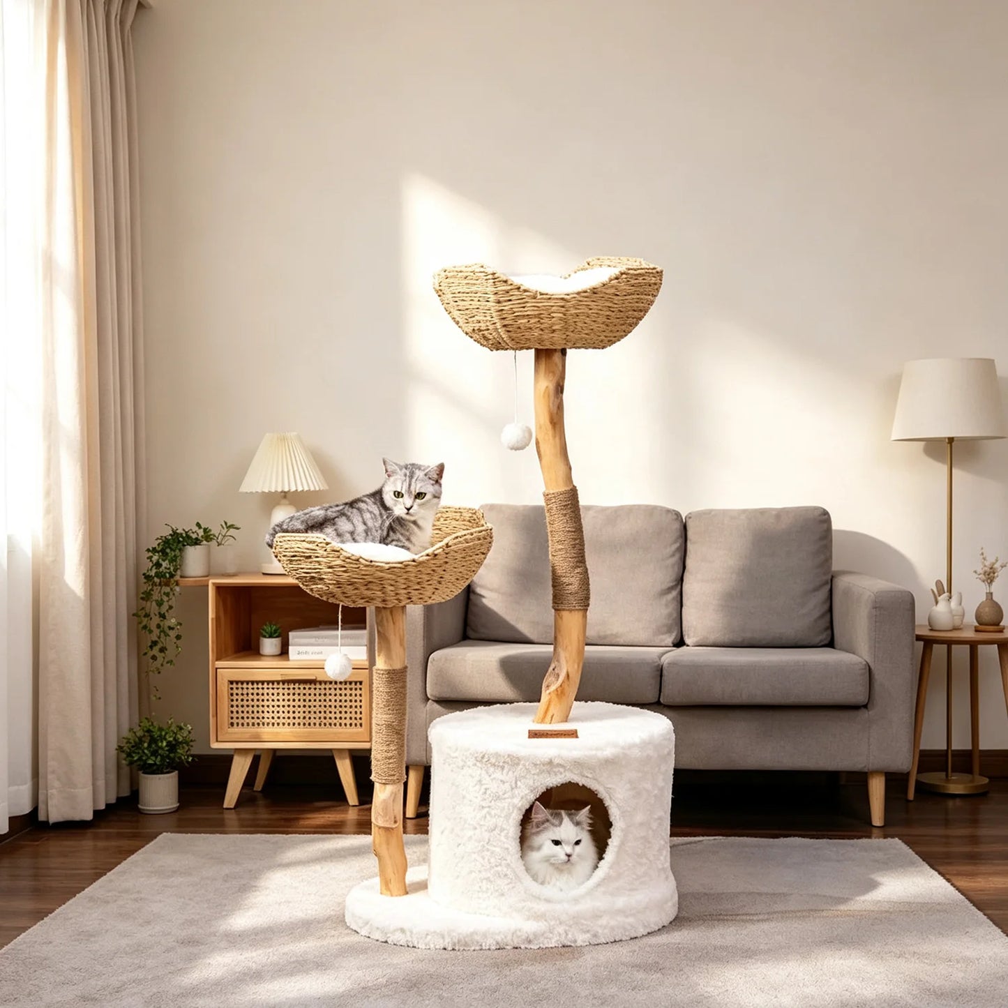 Neko Kago – Arbre à chat en bois et rotin 117 cm – vue produit 2