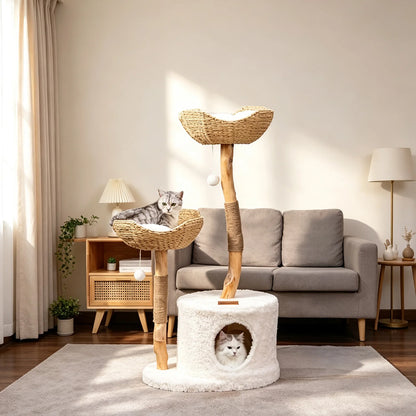 Neko Kago – Arbre à chat en bois et rotin 117 cm – vue produit 2