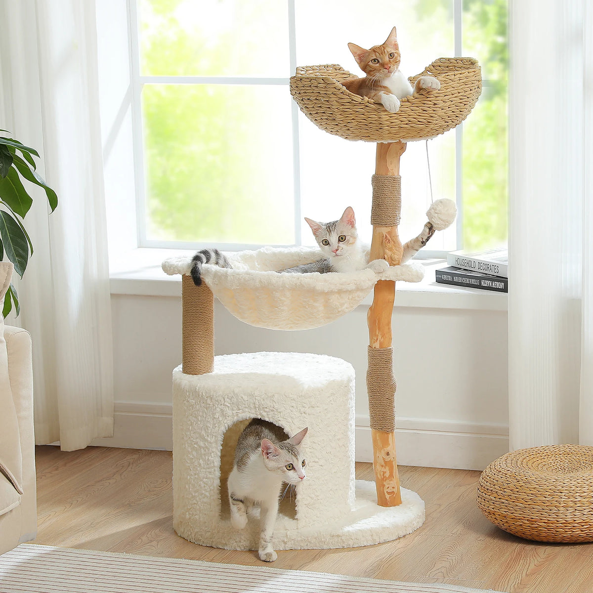 Neko Moku – Arbre à chat en bois et rotin à 3 niveaux – vue produit 3