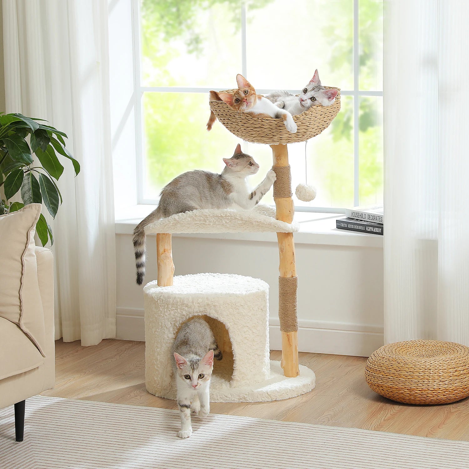 Neko Moku – Arbre à chat en bois et rotin à 3 niveaux – vue produit 2