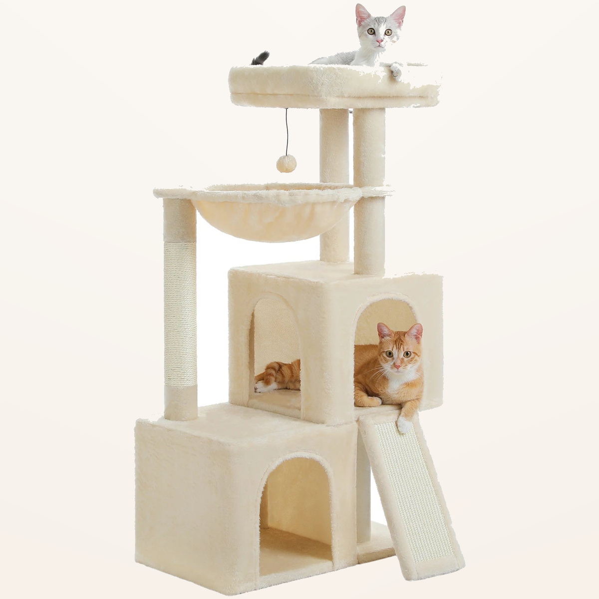 Neko Kazoku – Grand arbre à chat avec deux niches – Beige – fond beige avec dimensions