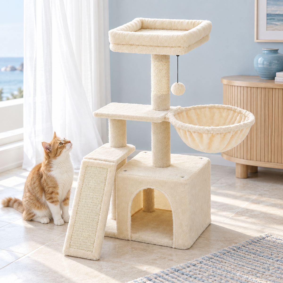 Chibi A beige dans un intérieur bleu clair avec un chat