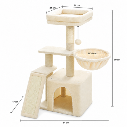 Chibi A : 64 × 47 × 80 cm, couchage 34 × 34 cm, hamac diamètre 30 cm