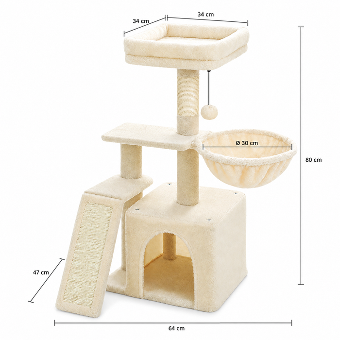 Chibi A : 64 × 47 × 80 cm, couchage 34 × 34 cm, hamac diamètre 30 cm