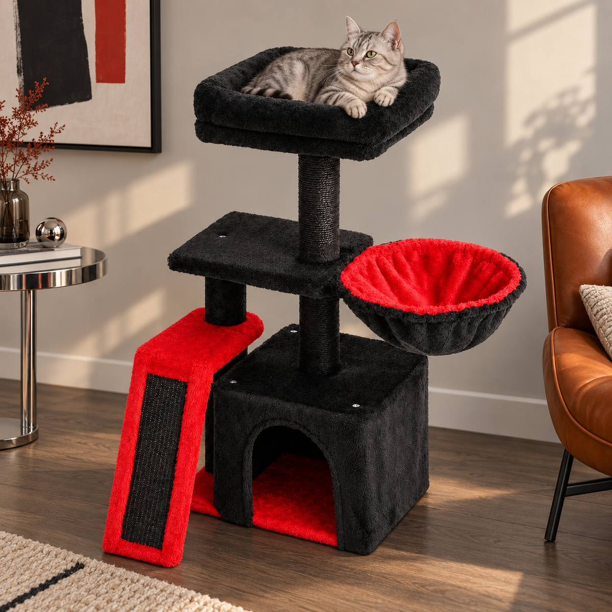 Chibi A noir et rouge dans un salon contemporain avec un chat sur le perchoir