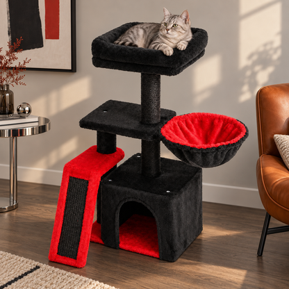 Chibi A noir et rouge dans un salon contemporain avec un chat sur le perchoir