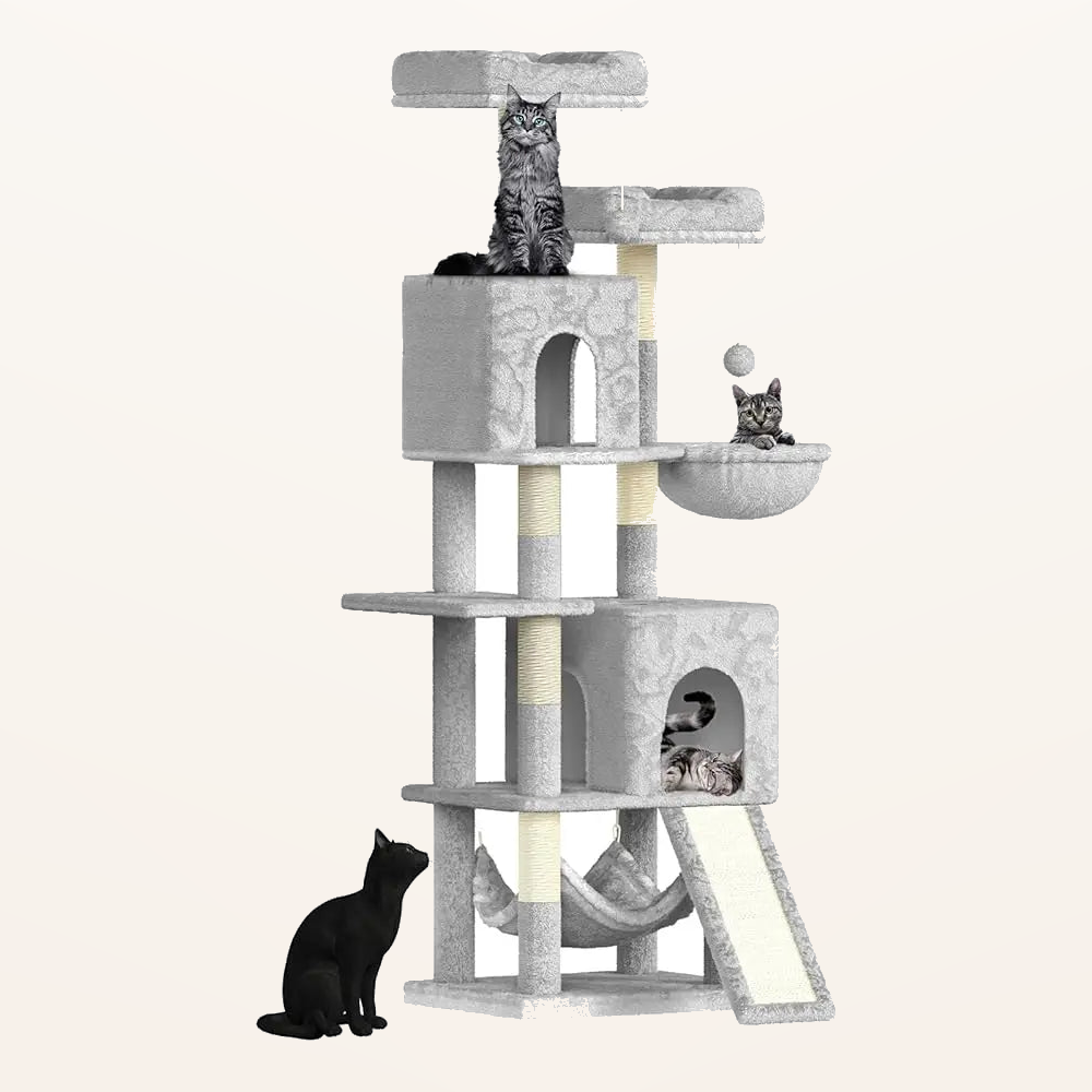 Neko Fuji – Arbre à chat 158 cm avec deux niches – Gris clair – fond beige avec dimensions