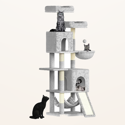 Neko Fuji – Arbre à chat 158 cm avec deux niches – Gris clair – fond beige avec dimensions