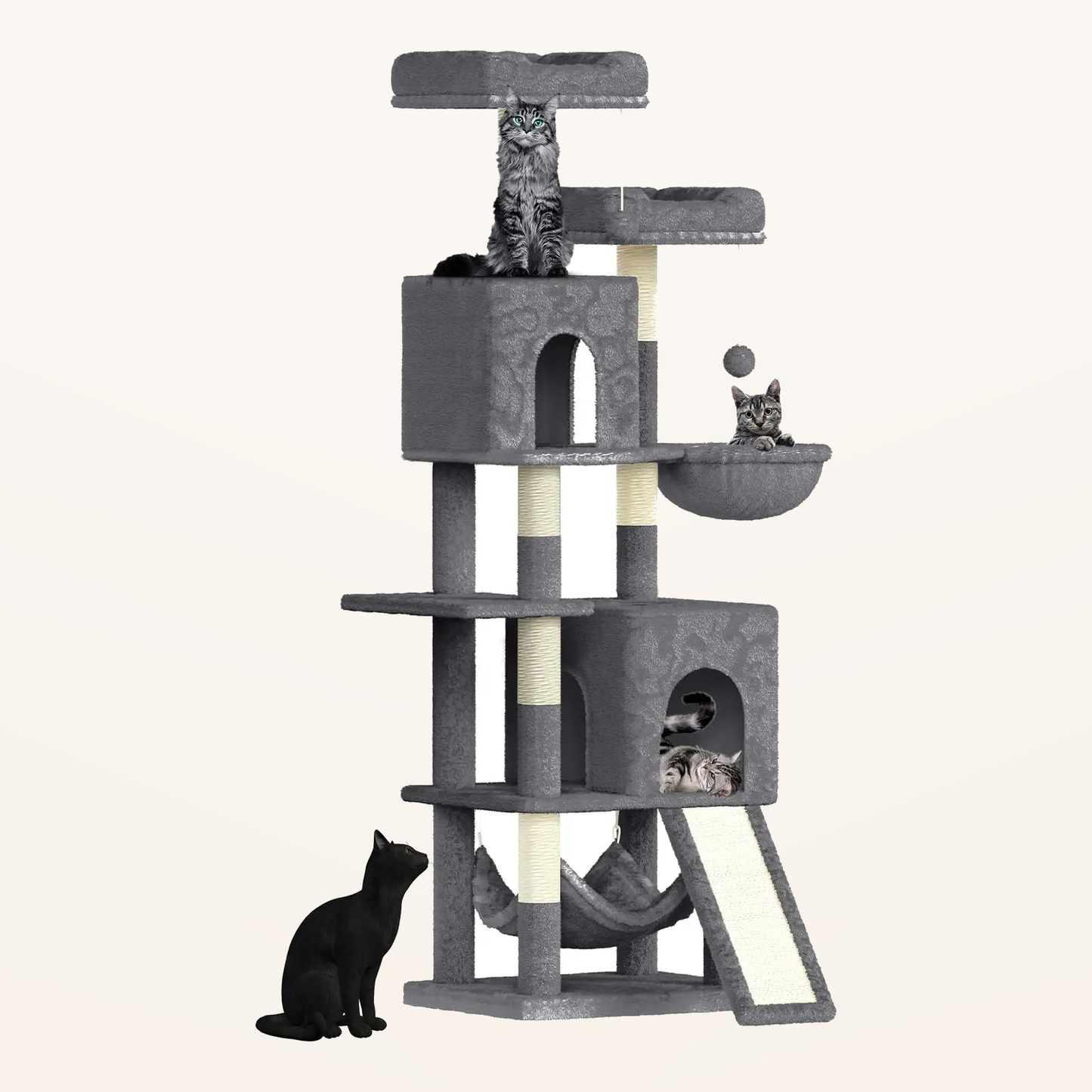 Neko Fuji – Arbre à chat 158 cm avec deux niches – Gris – fond beige avec dimensions