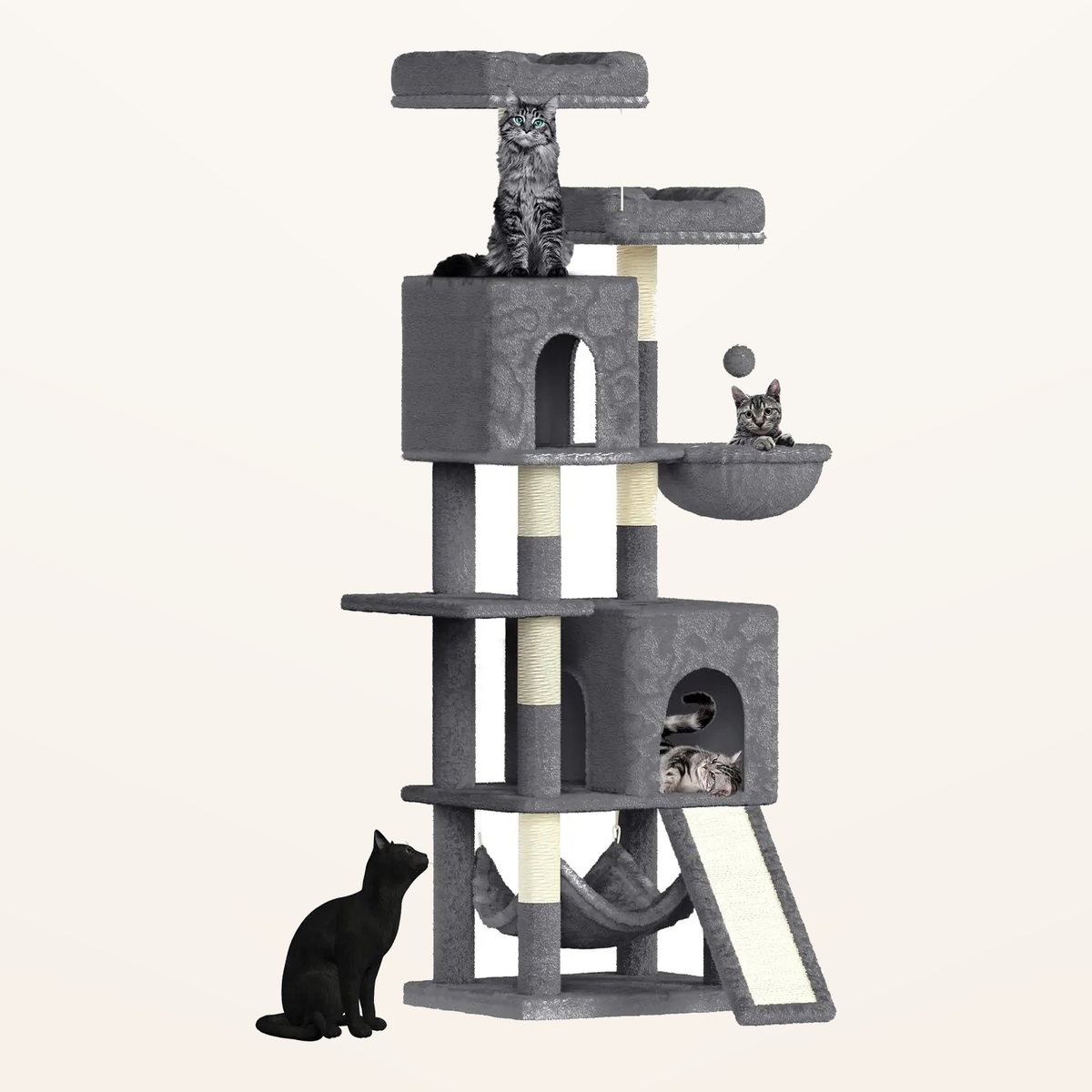 Neko Fuji – Arbre à chat 158 cm avec deux niches – Gris – fond beige avec dimensions