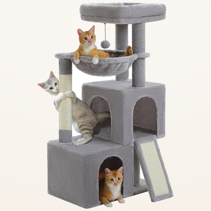 Neko Kazoku – Grand arbre à chat avec deux niches – Gris – fond beige avec dimensions