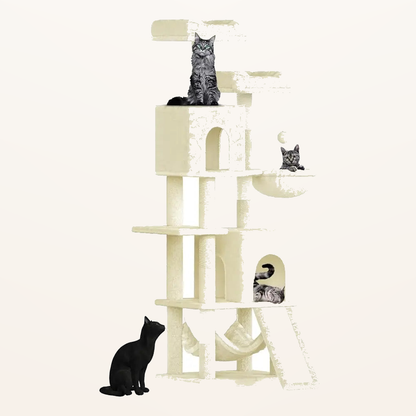 Neko Fuji – Arbre à chat 158 cm avec deux niches – Jaune – fond beige avec dimensions