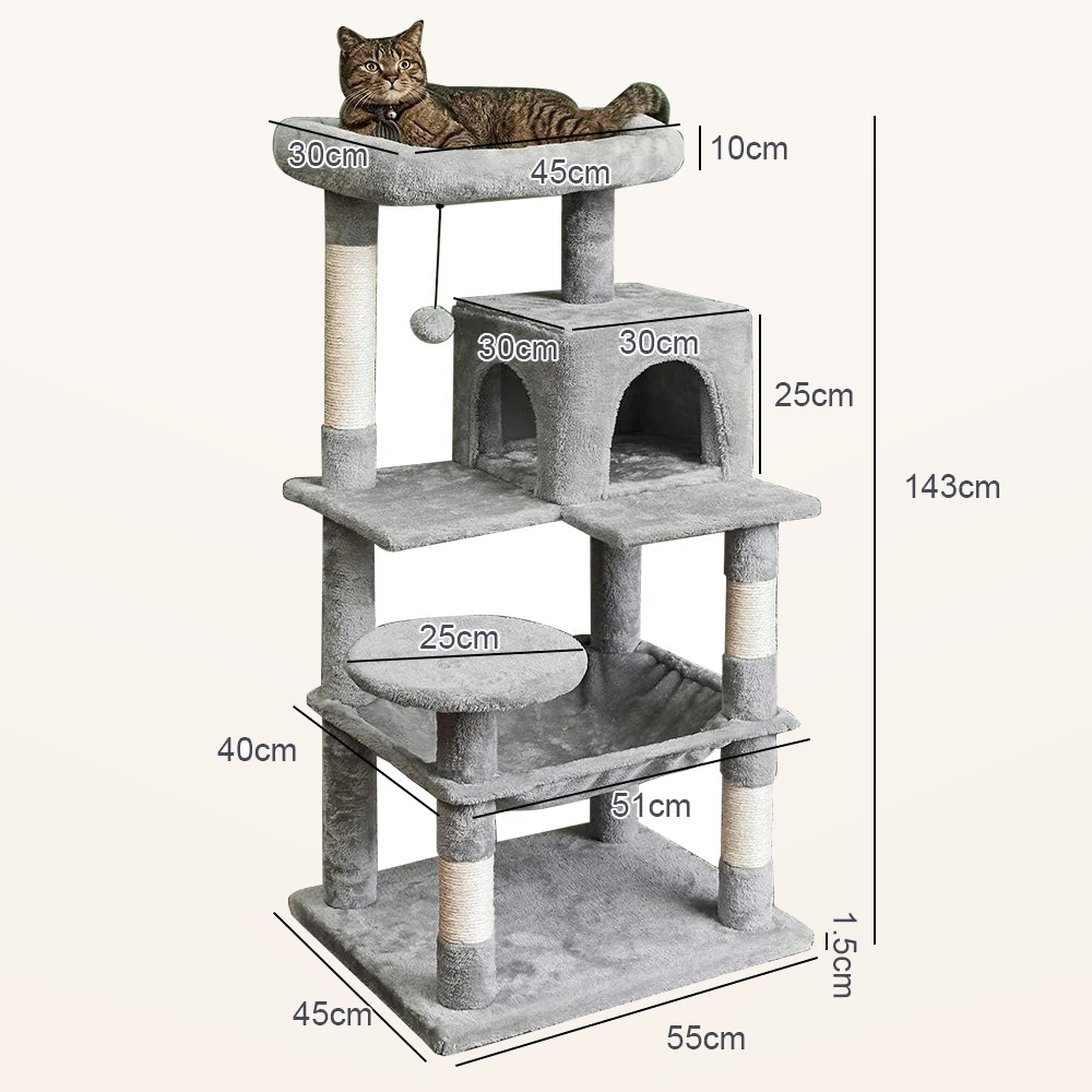 Neko Asobi – Arbre à chat avec niche et hamac – Modèle 1 – fond beige avec dimensions