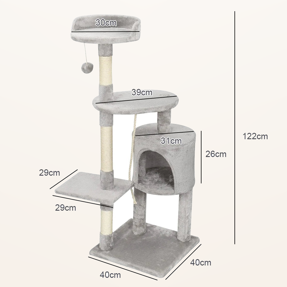 Neko Asobi – Arbre à chat avec niche et hamac – Modèle 3 – fond beige avec dimensions