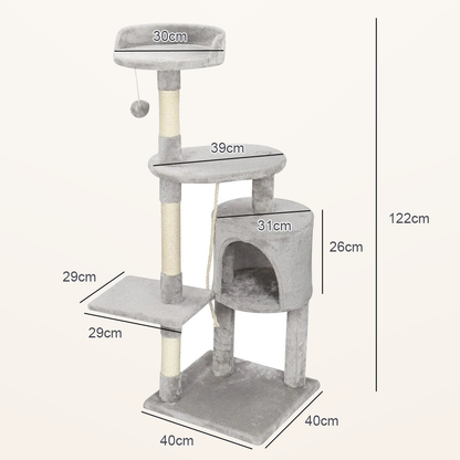 Neko Asobi – Arbre à chat avec niche et hamac – Modèle 3 – fond beige avec dimensions