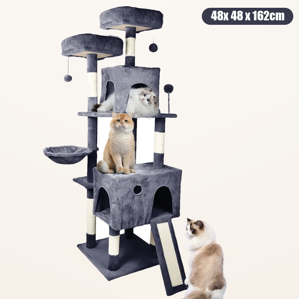 Neko Asobi – Arbre à chat avec niche et hamac – Modèle 4 – fond beige avec dimensions