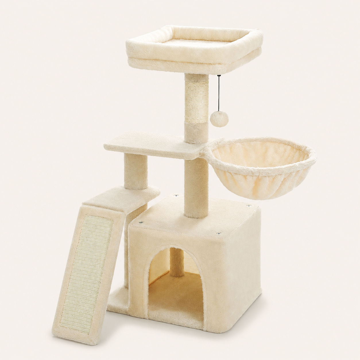 Neko Chibi – Petit arbre à chat avec hamac – Modèle A – Beige – fond beige avec dimensions