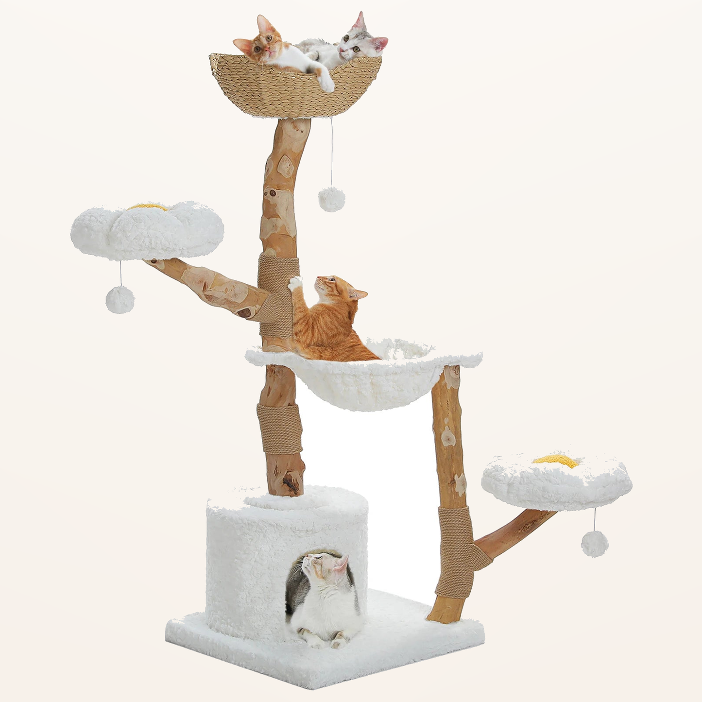 Neko Hana – Arbre à chat avec paniers tressés 150 cm – Modèle A – Blanc – fond beige avec dimensions